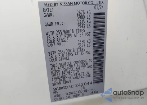 2024 Nissan Pathfinder Sl из США, поврежденный, VIN 5N1DR3CC3RC242044